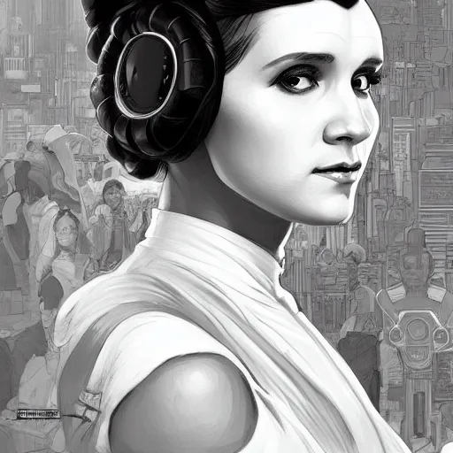 Prompt: Princess Leia, highly detailed, digital painting, artstation, concept art, smooth, sharp focus, illustration, art by artgerm and alphonse mucha, high definition digital art, in the style of ilya kuvshinov and Ross tran