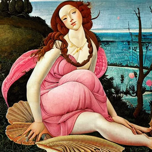 Prompt: an ultradetailed mythological oil painting of a beautiful woman with long brown hair, full body, wearing pink floral chiton, lying on a giant scallop shell, near the seashore, intricate lines, elegant, renaissance style, by sandro botticelli