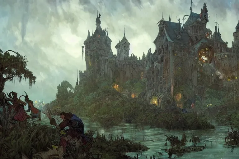 Image similar to a beautiful moody painting of murky swamp with a wrecked castle, peasants living in a slums looking at the castle, by Joe Madureira and Greg Rutkowski and Alphonse Mucha