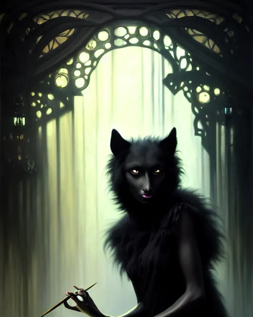 Prompt: a portrait of black furry shadow nightmare monster hybrid human in a background of deep shadows, illustration, dramatic lighting, soft details, painting oil on canvas, art nouveau, octane render, HDR, 4k, 8k, HD, by Edmund Blair Leighton, Brom, Charlie Bowater, trending on artstation, Tom Bagshaw, faces by otto Schmidt