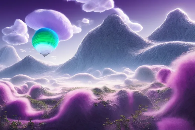 Image similar to a psychedelic realm with rolling plains made out of clouds, mountains made out of icebergs, and plant life made out of cotton candy, in the style of wlop and namek, illustration, epic, fantasy, hyper detailed, smooth, unreal engine, sharp focus, ray tracing