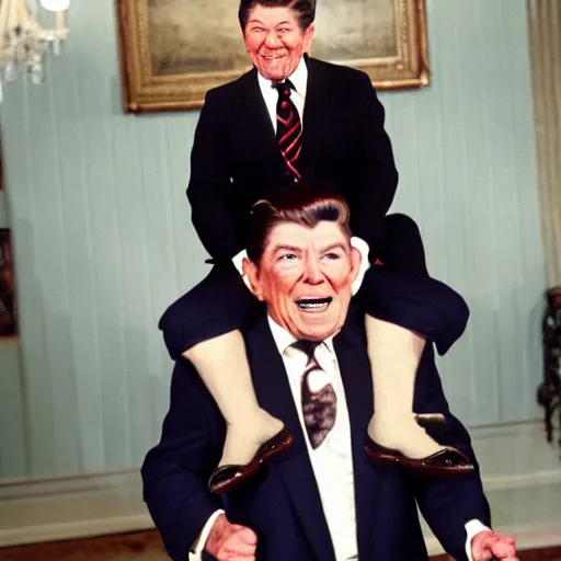 Prompt: dwarf trump getting a piggy - back ride from ronald reagan