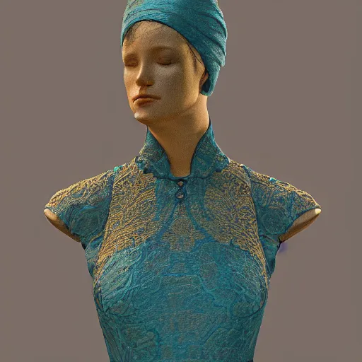 Prompt: victorian era turquoise dress on a manikin, trafalgar dress shop, ambient lighting, cinematic quality, high octane, vray render, subsurface scatter, drum scanner intricate complexity, golden ratio, kojima, amano, charlie bowater museum piece, fine art