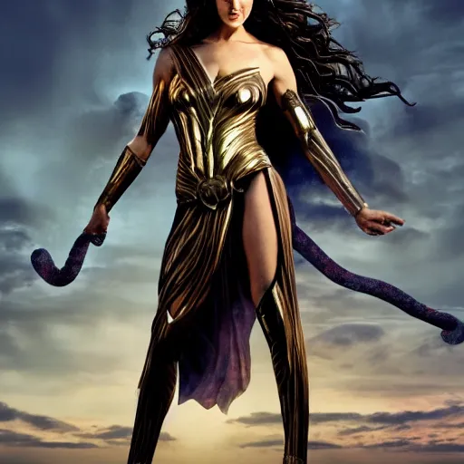 Prompt: Full body photo of the beautiful woman Gal Gadot as Medusa the greek goddess, she is looking straight to the camera, she has a glow coming from her, she is getting illuminated for rays of light, behind her is a scary atmosphere, the photo was taking by Annie Leibovitz, matte painting, oil painting, naturalism, 4k, 8k