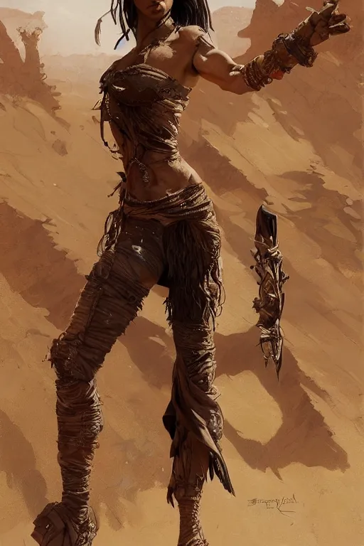 Prompt: a full body portrait of a beautiful post apocalyptic offworld desert bedouin thief savage rogue in ballet pose by the emerald oasis pools, intricate, elegant, highly detailed, digital painting, artstation, concept art, smooth, sharp focus, illustration, art by krenz cushart and artem demura and alphonse mucha