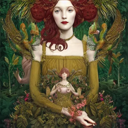 Image similar to a detailed intricate portrait of young woman in renaissance dress and a surreal renaissance headdress, very surreal garden, cyberpunk, filigree, surreal tea party, birds, nature, strange creatures, by christian schloe and botticelli, naotto hattori, amy sol, roger dean, moody colors