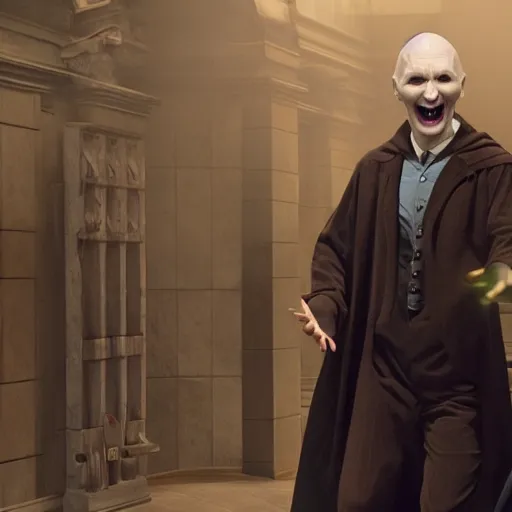 Prompt: Voldemort laughs maniacally as he pumps and dumps a cryptocurrency, film still, marvel studios, pixar