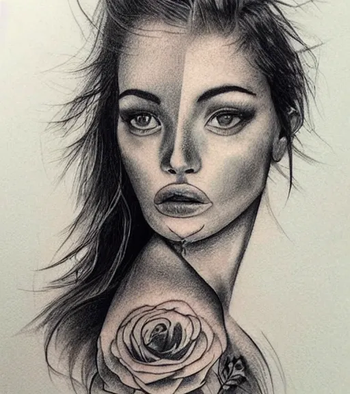 Image similar to tattoo design sketch of an extremely beautiful woman face with a faded background of stunning mountain view on her side, hyper - realistic, in the style of matteo pasqualin, amazing detail, black and white, faded