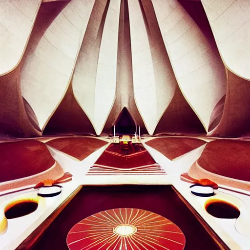 Image similar to interior of a futuristic lotus temple with gold, red and white marble panels, in the desert, by buckminster fuller and syd mead, intricate contemporary architecture, photo journalism, photography, cinematic, national geographic photoshoot