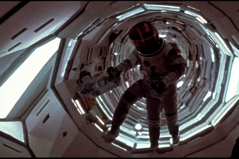 Prompt: scene from Stanley Kubrick\'s 2001: A Space Odyssey, ziggy stardust space walk, amazing cinematography