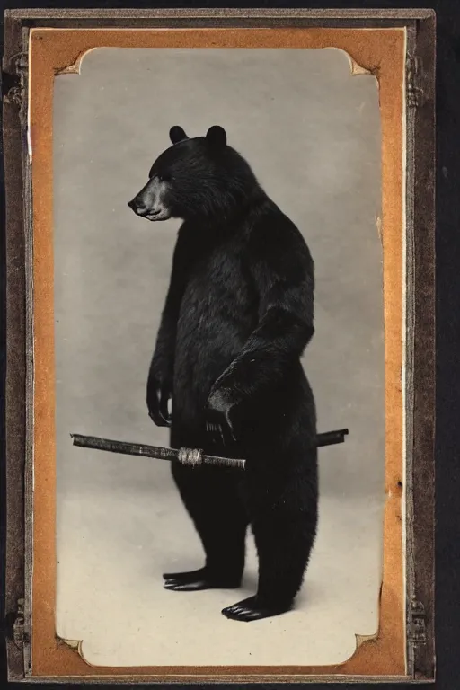 Prompt: anthropomorphic asian black bear in traditional Japanese mens clothing, 1900s photo