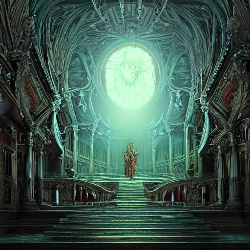 Prompt: Photorealistic demonic palace in the style of Michael Whelan and Gustave Dore. Hyperdetailed photorealism, 108 megapixels, amazing depth, glowing rich colors, powerful imagery, psychedelic Overtones, 3D finalrender, 3d shading, cinematic lighting, artstation concept art