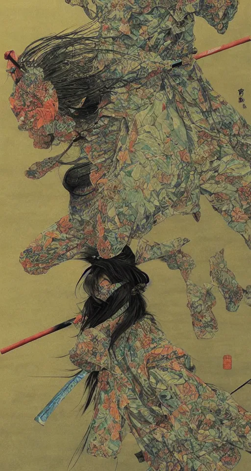 Image similar to Japanese schoolgirl runs away from Samurai with a katana on the subway, high detailed Beksinski painting, part by Adrian Ghenie and Gerhard Richter. art by Takato Yamamoto. masterpiece