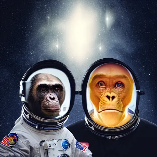 Image similar to double exposure portrait split in the middle of a astronaut and one chimpanzee in a suit posing with space in the background, pencil art, double, dynamic lighting stars, sharpness, golden ratio