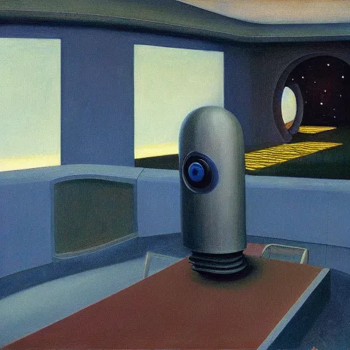 Prompt: robot overlords, spaceship bridge interior, view of earth, blue and gray, pj crook, edward hopper, oil on canvas