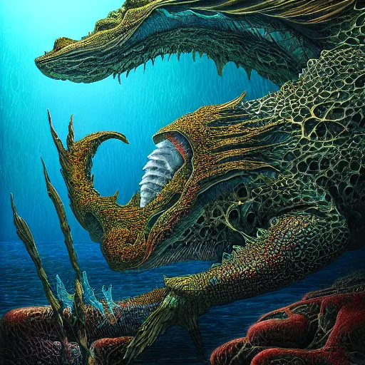 Image similar to photorealistic aquatic monster in the style of michael whelan and gustave dore. hyperdetailed photorealism, 1 0 8 megapixels, amazing depth, glowing rich colors, powerful imagery, psychedelic overtones, 3 d finalrender, 3 d shading, cinematic lighting, artstation concept art