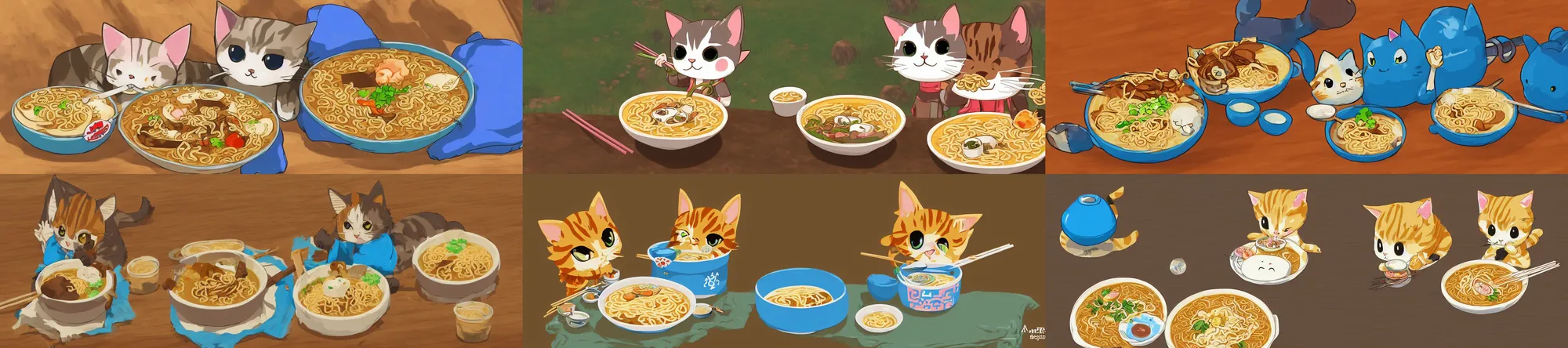 Image similar to Cute kawaii cat eating a bowl of ramen in The Legend of Zelda Breath of the Wild, toon shading, npr, no background