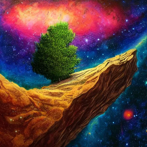 Image similar to a tree on edge of cliff, overlooking space abyss, small tree, cliff edge, looking down, painting, highly detailed, artstation award, milky way galaxy below, edge of the world, ultra realistic, colorful