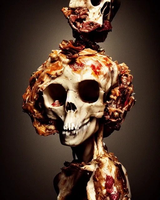 Prompt: an angel with a skull made of meat for the head, megalophobia, dramatic lighting, cinematic, organic painting, dark, bold shapes, by caravaggio, dramatic lighting, horror, blood, god rays, angelical