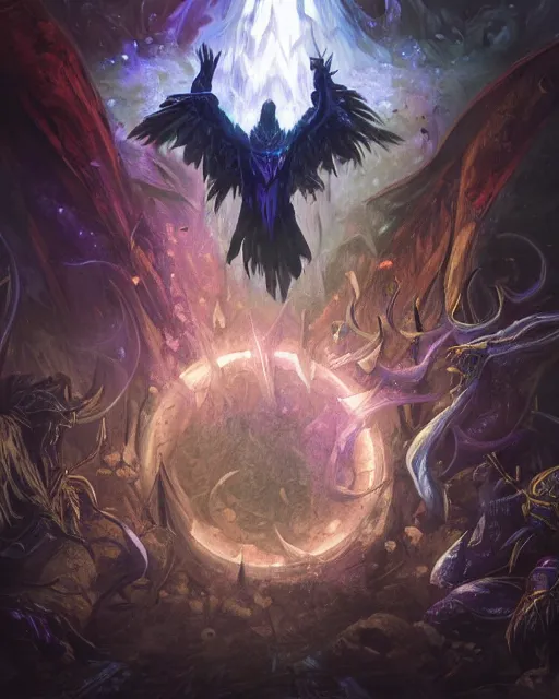 Prompt: Raven Magus, spell, potion, Tzeentch, magic the gathering artwork, D&D, fantasy, cinematic lighting, centered, symmetrical, highly detailed, digital painting, artstation, concept art, smooth, sharp focus, illustration, volumetric lighting, epic Composition, 8k, art by Akihiko Yoshida and Greg Rutkowski and Craig Mullins, oil painting, cgsociety