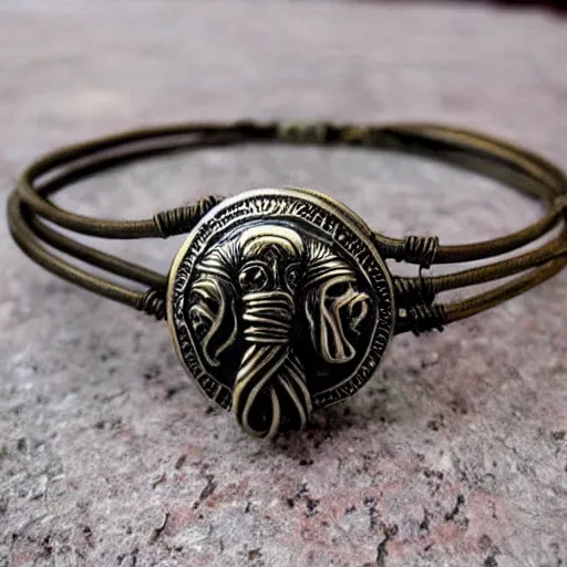 Image similar to poseidon cultists bangle, solid bronze wire, intricate poseidon style, ancient mediterranean jewelry, fine craftsmanship