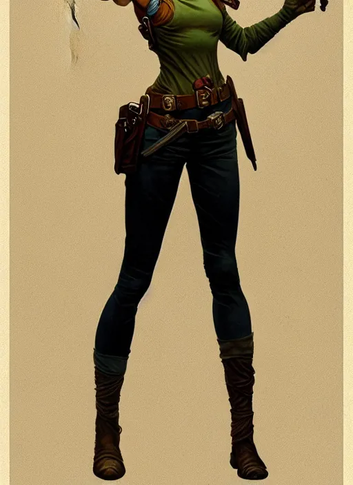 Image similar to portrait of a full body of beautiful young female detective, d & d, sleeveless turtleneck, fantasy, flat lighting, intricate, highly detailed, digital painting, artstation, concept art, smooth, sharp focus, illustration, art by simon bisley and greg rutkowski and alphonse mucha, natural tpose