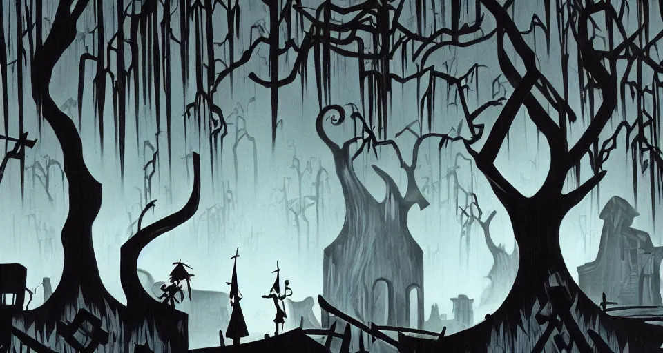 Image similar to Scene in a creepy graveyard from Samurai Jack by Genndy Tartakovsky and Eyvind Earle