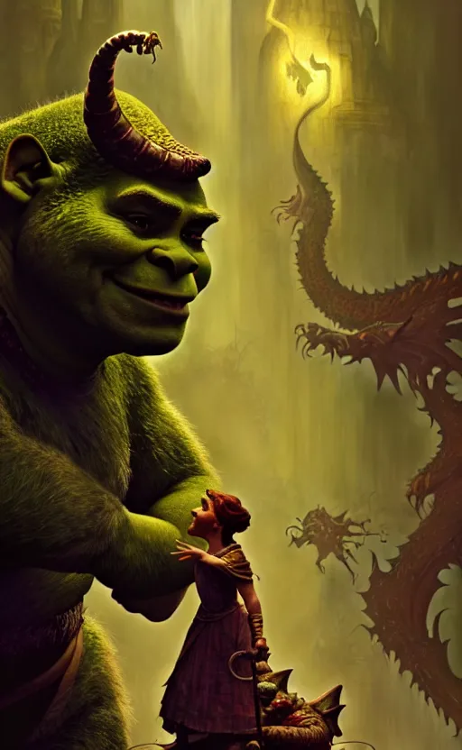 Image similar to shrek dragon gorgeous lighting by weta studio, mucha, bautista and norman rockwell and greg rutkowski and tom bagshaw and james gurney and lucasfilm