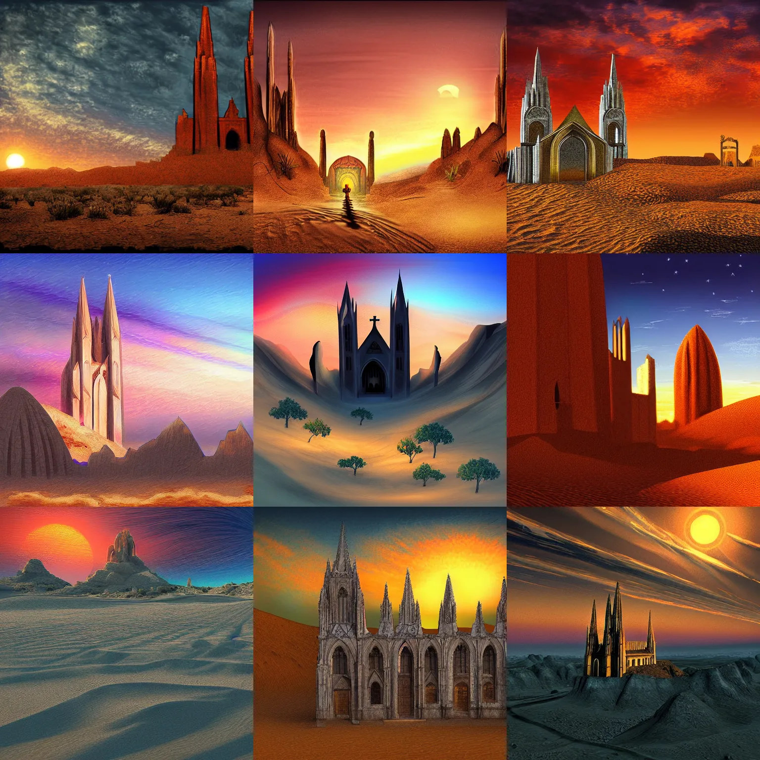 Prompt: cathedral, desert, sunset, fantasy, digital art