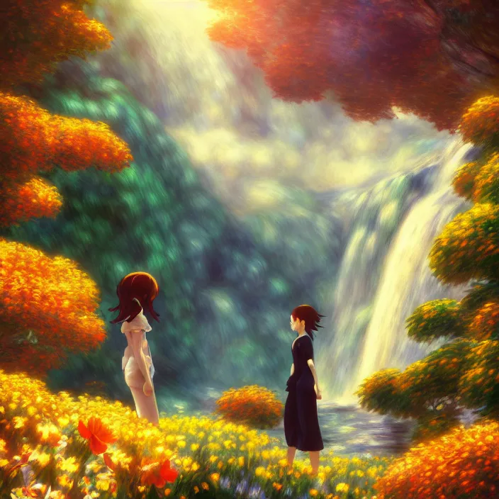 Prompt: an epic makoto shinkai and renoir surreal landscape of a woman's long brown hair and a waterfall, 🌺, golden hour, ultra smooth, lois van baarle, ilya kuvshinov, unreal engine, blender, trending on artstation, suntur, caleb worcester, highly detailed, photorealism, bloom effect 8 k