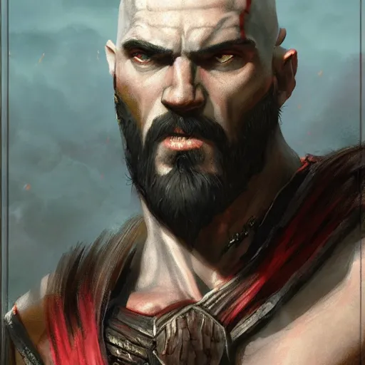 Prompt: A portrait of Kratos, Magic the Gathering art, art by greg rutkowski, matte painting, trending on artstation, very detailed