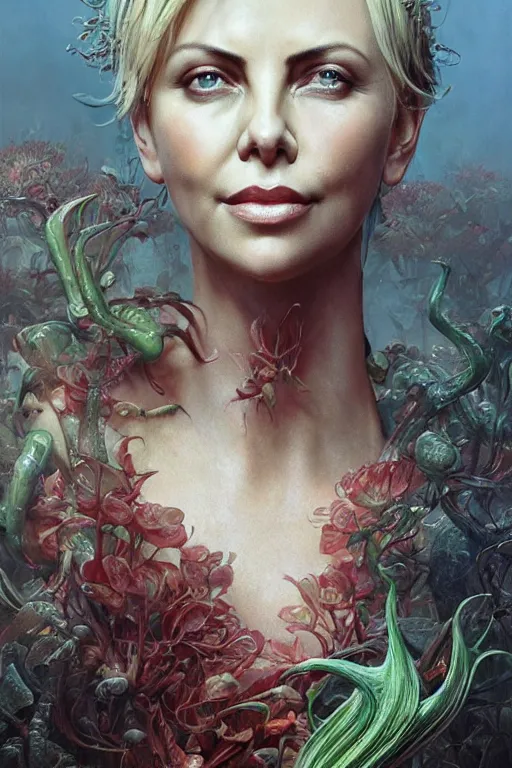 Image similar to Charlize Theron as Venus flytrap, intricate, highly detailed, smooth, artstation, digital illustration by Ruan Jia and Mandy Jurgens and Artgerm and Wayne Barlowe and Greg Rutkowski and Zdislav Beksinski