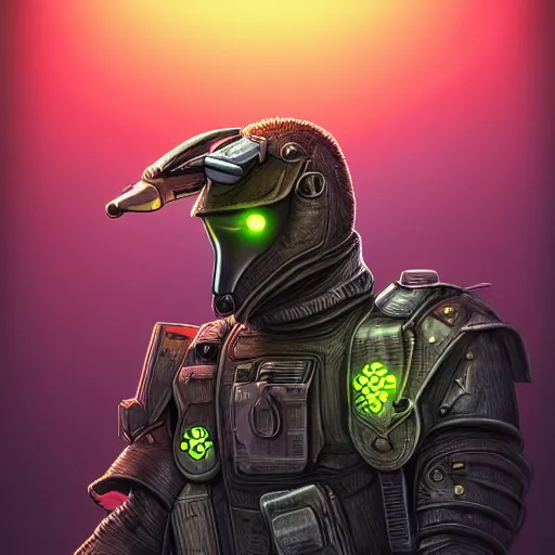 Prompt: a goose in a detective suit, ox, dystopia core, apocalyptic, armor, warrior, dramatic, sharp focus, fiction, neon, fantasy, hyper detailed, digital art, trending in artstation, cinematic lighting