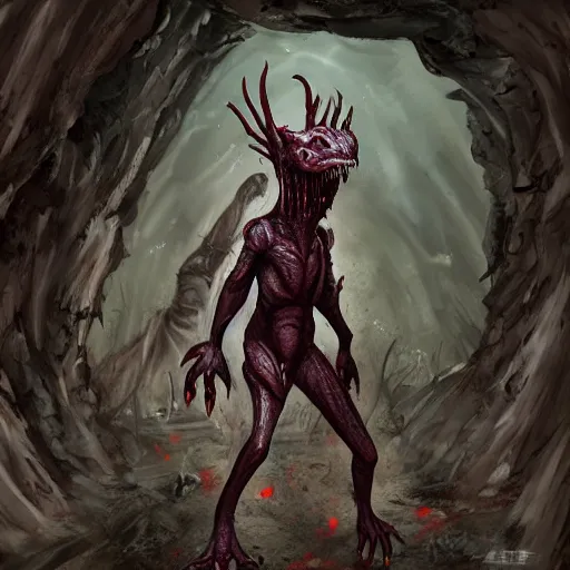 Image similar to big butcher anthropomorphic male lizardfolk posing scarily, scary angry pose, covered in blood, fresh kill, cleaver, in a cave, earie setting, lovecraft, eldritch, horror, hyperdetailed, furaffinity, anthro art