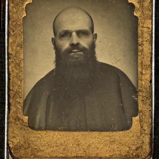 Image similar to tintype photograph of medieval monk, medieval abbot, italian monastery, medieval photograph