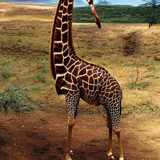 Image similar to a Giraffe with the armor of a pangolin, national geographic photograph