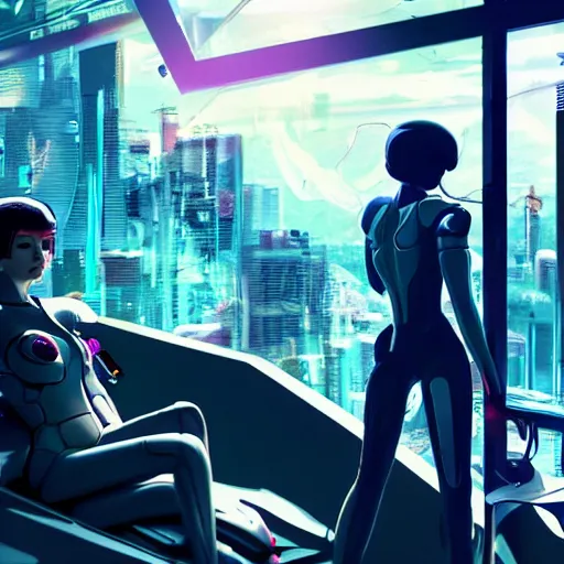 Image similar to a cinematic composition depicting : we're overlooking translucid crystal android being, whos is behind their heads up display viewing out of their window how a high tech lush solarpunk tribe collaborating with their technologic android helpers encroaching a cyberpunk robot retreat resort in the sauna at sunrise, ghost in the shell