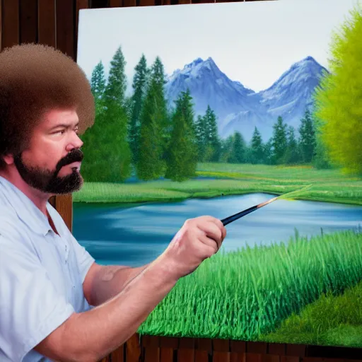 Image similar to a closeup photorealistic photograph of bob ross completing a canvas painting of kenny powers. mountains and trees. film still. brightly lit scene. this 4 k hd image is trending on artstation, featured on behance, well - rendered, extra crisp, features intricate detail, epic composition and the style of unreal engine.