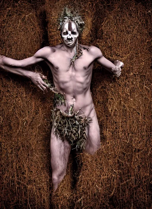 Prompt: mysterious and sensual scene of tyrolean farmer transforming into hay man with horns, roots and edelweiss growing out of the body 35mm double-exposure photo, palm body, deep shadows, german expressionism, noir, slightly colorful, photorealistic, detailed smoke, natural bones and skin, natural textures, depth of field, ambient occlusion, motion blur, HD, masterpiece, volumetric, chromatic aberration by Richard Avedon, style of Ade Santora, perfect composition, masterpiece, intricate detailed