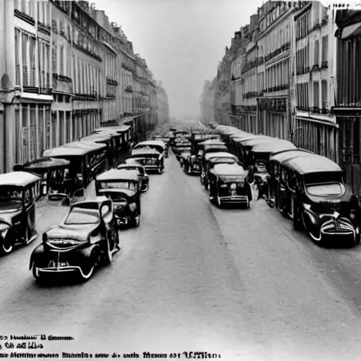 Prompt: une rue de paris vide avec des voitures garees en 1 9 3 5