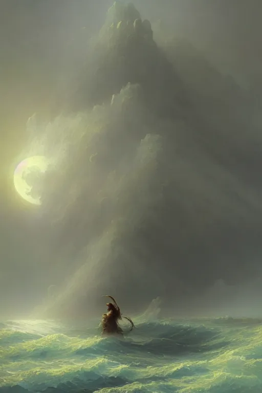 Image similar to A stunning detailed water deity by Ivan Aivazovsky, Peter Mohrbacher , Greg Rutkowski, stormy ocean, beautiful lighting, full moon, detailed swirling water tornado, artstation