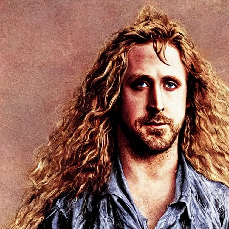 Image similar to Pre-Raphaelite portrait of actor, Ryan Gosling as the leader of a cult 1980s heavy metal band, with very long blond hair and grey eyes, high saturation