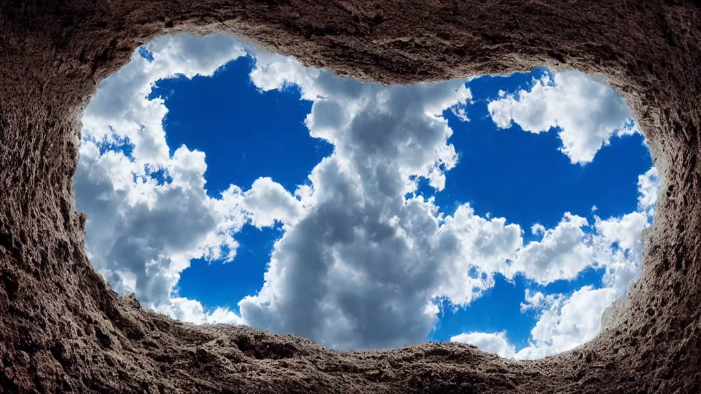 Prompt: looking up at the clouds from a deep hole in the ground, surrealism photography by Sarolta Bán