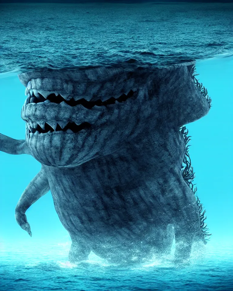 Prompt: a huge monster staring at your from under the waves of the huge empty ocean