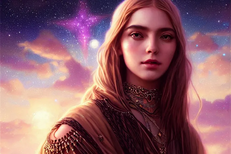 Image similar to masterpiece portrait charming and miracle female luxury astromancer boho accessories in dreamlike movie, high detailed face, art by artgerm, greg rutkowski, sasoura, satchely, big major starry sky and city in background, uhd, medium long shot, fantasy, no distorsion, sharp focus,