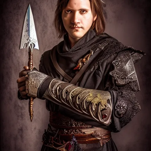 Image similar to portrait of a male warlock with dagger on it's hand, fantasy, D&D, HDR, natural lighting , award winning photograph, 8k, Mucha style,