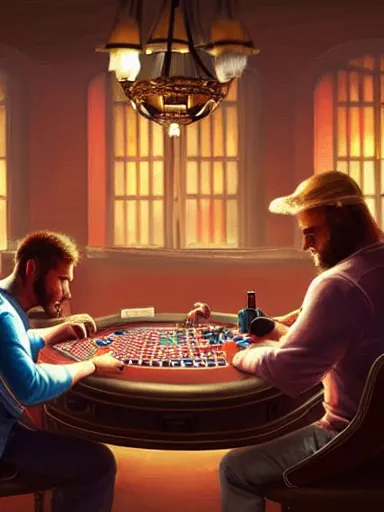 Prompt: guys arguing during a poker match. angry intricate, elegant, highly detailed, digital painting, artstation, concept art, sharp focus, illustration, by justin gerard and artgerm, 8 k