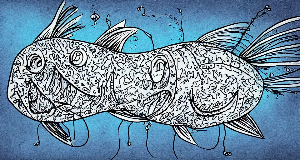 Image similar to illustration of an angler fish, lantern fish, deep sea, stylized linework, ornamentation, artistic, muted color wash