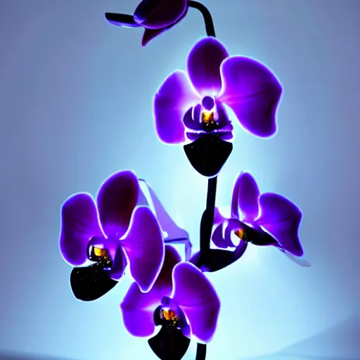 Image similar to an orchid flower, robotic, made of metal, shiny, LED lights, glowing, unreal engine