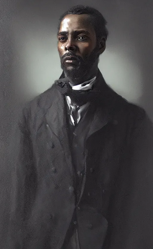 Image similar to Portrait of a black victorian gentleman, male, detailed face, 19th century, highly detailed, cinematic lighting, digital art painting by greg rutkowski